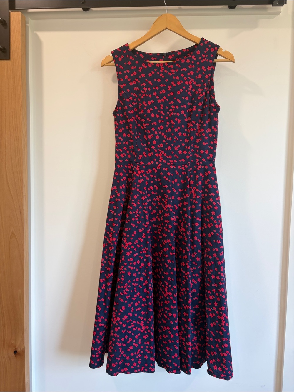 Simple Navy Midi Dress with Pink Floral Pattern